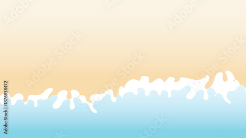 Abstract beach scene with light blue ocean, sandy shore, and white wave foam for summer background design