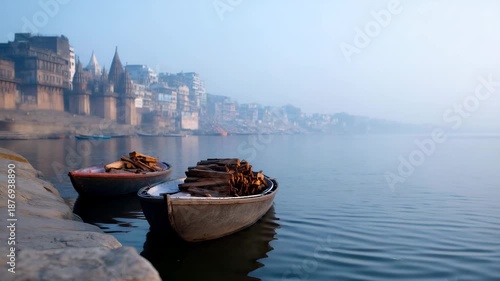 A historic view of Manikarnika Ghat in Varanasi, captured from the river at eye level 4K