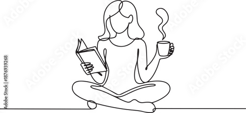 A clean, vector-based line art image featuring a woman seated cross-legged, engaged in leisure reading and enjoying a hot beverage.