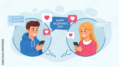 Young couple texting each other with hearts, celebrating Valentine's Day  