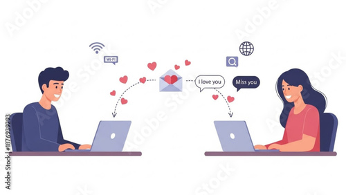 Two people communicating online with love messages for Valentine's Day  