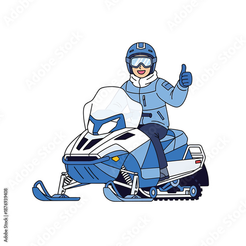 Dynamic illustration of a joyful person on a snowmobile, dressed in protective gear, signaling approval for winter sports and recreation in cold conditions