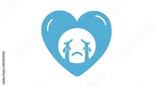 Sad face inside a blue heart symbol representing concepts of valentine's day  