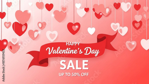 Happy Valentine's Day sale announcement with red hearts and ribbon  