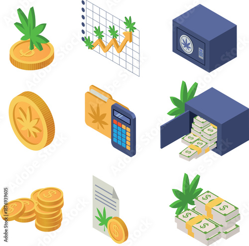 Cannabis cultivation investment and financial success concept. Isometric 3D icons: money, gold coins, legal marijuana industry, set of isometric vector illustrations, cannabis investments