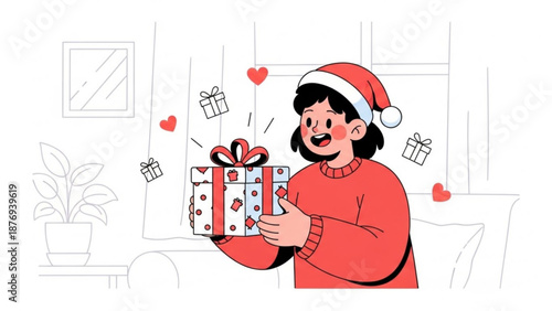 Girl in Santa hat happily holding a gift during Valentine's Day  