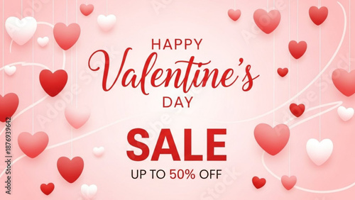Happy Valentine's Day sale with red hearts on pink background  