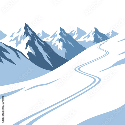 Dynamic illustration of a vast winter mountain range with deep snow and winding ski tracks, ideal for promoting ski resorts or winter sports