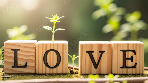 Wooden blocks spelling “LOVE”, simple love-for-earth eco concept