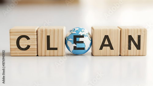 Wooden blocks spelling “CLEAN”, simple clean earth concept, sharp focus, light blurred background