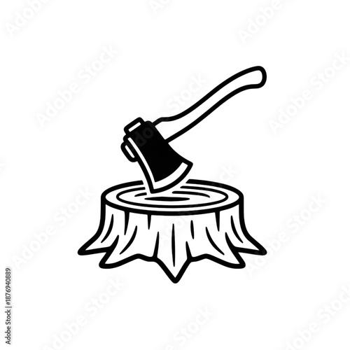 minimalist axe in tree stump icon illustration for woodcutting and forestry