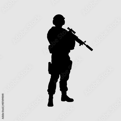 Soldier silhouette. Soldier stands with weapon ready in a protective stance. Stock Vector