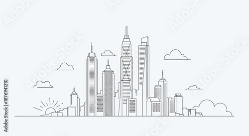 City Skyline Illustration with Skyscrapers and Clouds.