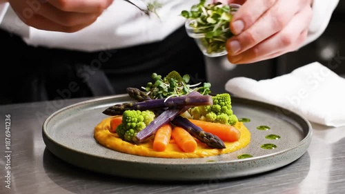 Hands arranging vegetables with modern plating style