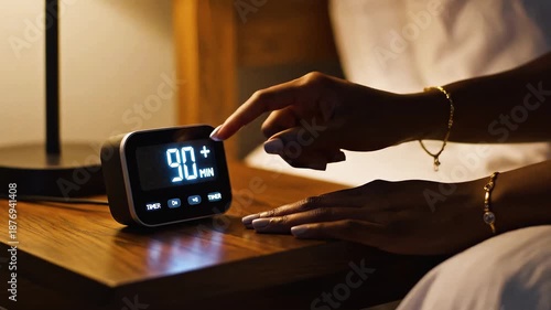 Hands setting sleep timer on bedside clock, calm night time routine