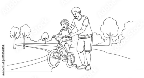 Father Assisting Child on Bicycle Ride.
