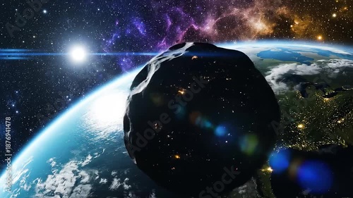 Earth and Asteroid in Space, View of Earth from space with a large asteroid nearby, sun and stars in the background