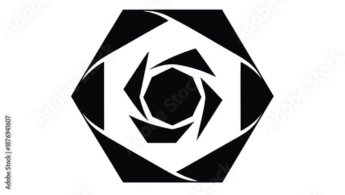 Abstract Geometric Hexagonal Shape with Swirling Internal Elements black and white