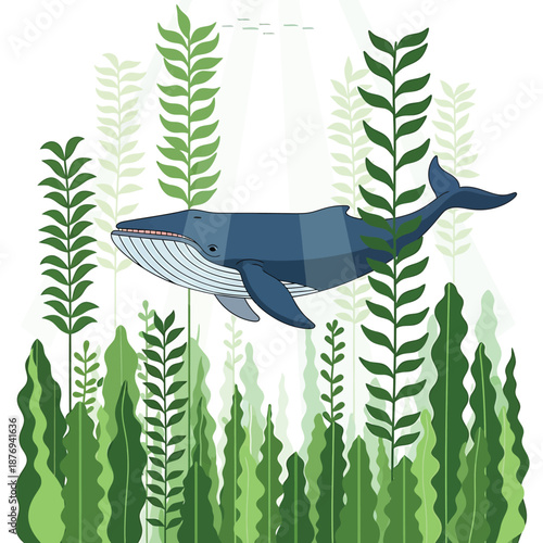 Blue whale gracefully glides through a vibrant underwater kelp forest, illuminated by sunbeams, depicting serene ocean life and marine ecosystem beauty