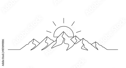 Simple Line Drawing of Mountains and Sun.