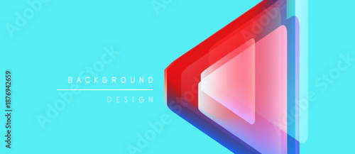 Bright turquoise backdrop features layered geometric shapes. Red, purple, blue gradients create dynamic visual effect. Minimalist design.