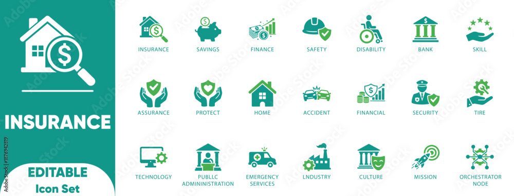 Fototapeta premium Insurance Protection Safety Security Finance Disability Public Service Accident Vector Icon Set