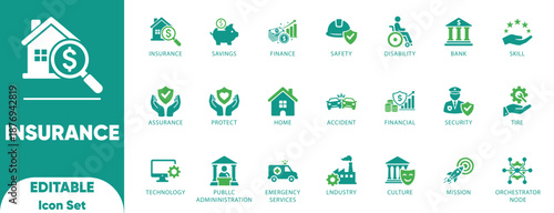 Insurance Protection Safety Security Finance Disability Public Service Accident Vector Icon Set