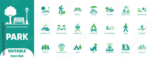 Park Nature Outdoor Recreation Camping Picnic Hiking Lifestyle Vector Icon Set