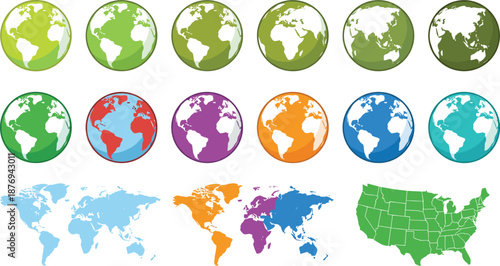 Green and colorful globe icon collection with world maps and continents, showing Earth geography, international regions, and cartography elements for education and design projects