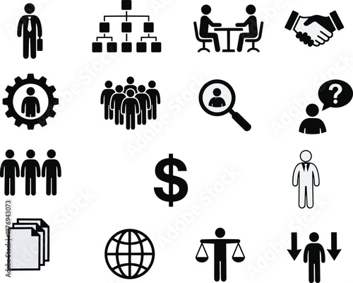 Business management and human resources icon set illustration featuring teamwork, leadership, recruitment, finance, organization, and corporate strategy symbols in black and white