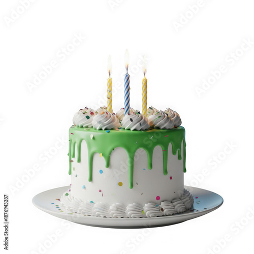 Celebratory birthday cake with green drizzle isolated on transparent background