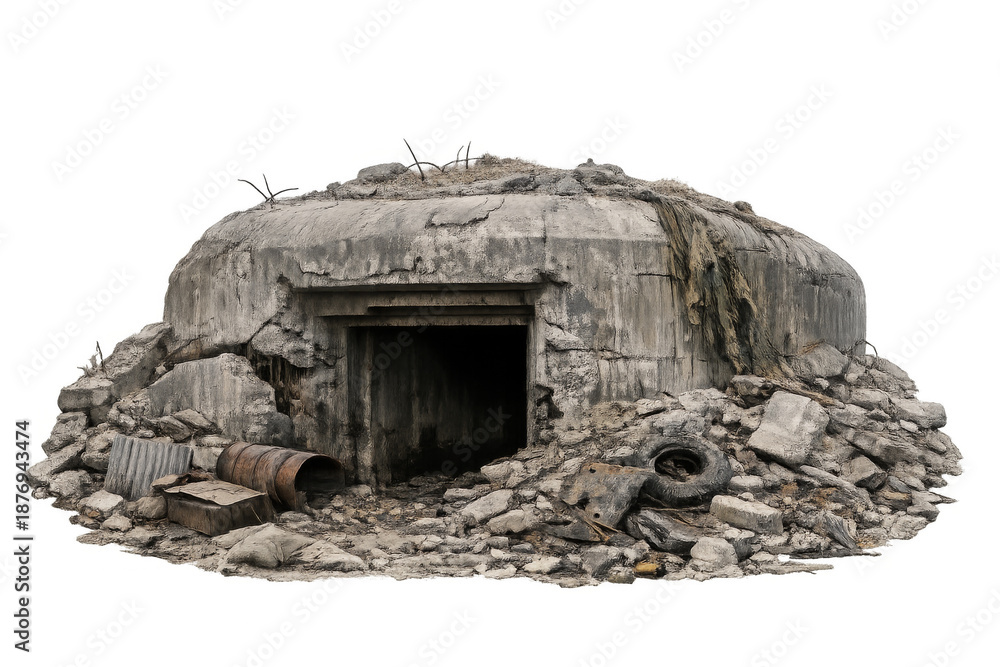 Fototapeta premium Abandoned concrete military bunker entrance with debris