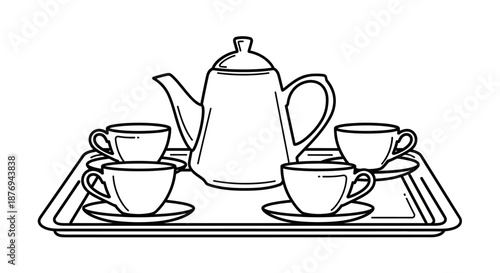 Teapot and Cups on Tray Illustration.