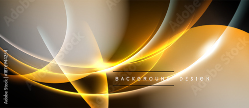 Abstract golden lines create dynamic flow. Light shapes blend with dark background, forming modern design element.