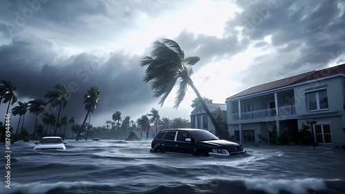 Natural disaster. Devastating loss aftermath scene. A vivid portrayal of a tropical storm, with a car navigating through turbulent waters. The scene is set against a backdrop of a stormy sky.
