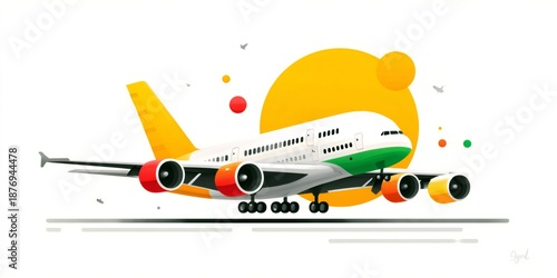 Airliner traveling, flying, and landing on runway