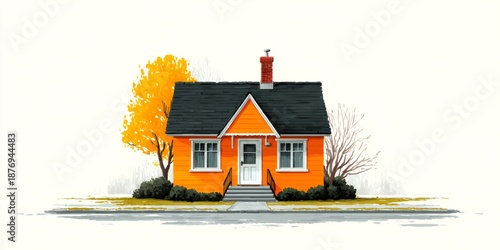 Orange suburban house with autumn trees and sidewalk