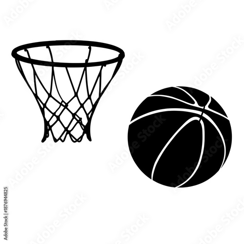 Vector illustration of essential basketball equipment, featuring a detailed hoop with net and a classic round basketball. Ideal for sports-themed designs, game development, or athletic-concept visuals