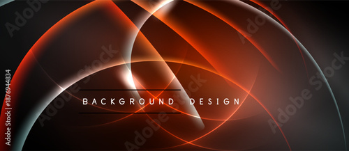 Abstract design features flowing orange lines, curves, gradients. Dark background emphasizes bright illumination, modern aesthetic.