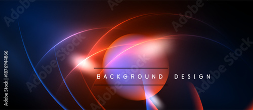 Abstract neon lights create vibrant circular design. Blue, red, pink hues blend, forming dynamic background. Text reads background design.