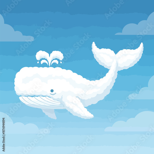 Majestic cloud whale swimming gracefully across a serene blue sky, a whimsical dream-like illustration of nature's gentle giants in an imaginative airborne world