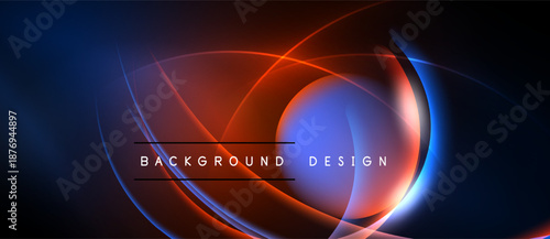 Abstract design features vibrant blue, red glows. Circular shapes overlap creating dynamic visual effect. Dark background enhances luminosity.