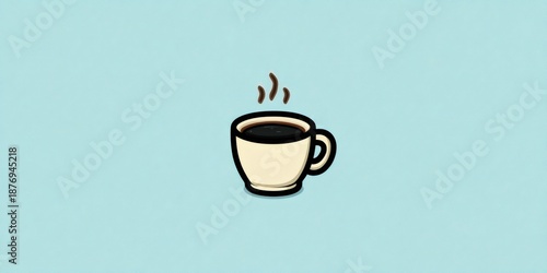 Steaming coffee mug on light blue background