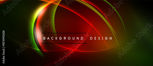 Abstract neon waves, vibrant red, green hues. Dynamic curves create modern background design. Smooth gradients, dark space.