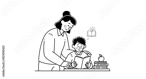 Woman and Child Reading Together Illustration.