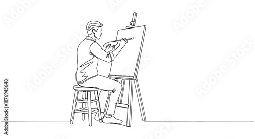 Man Painting on Easel Sitting on Stool.