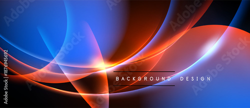 Abstract dynamic waves, vibrant blue, orange hues. Modern design, sleek curves, dark background creates dramatic effect.