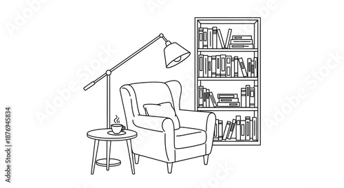 Armchair with Lamp and Bookshelf Illustration.