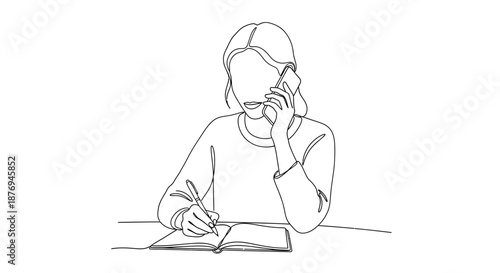 Woman Writing in Notebook on Phone Call.