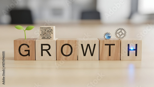 Wooden blocks spelling “GROWTH”, simple technology growth concept,